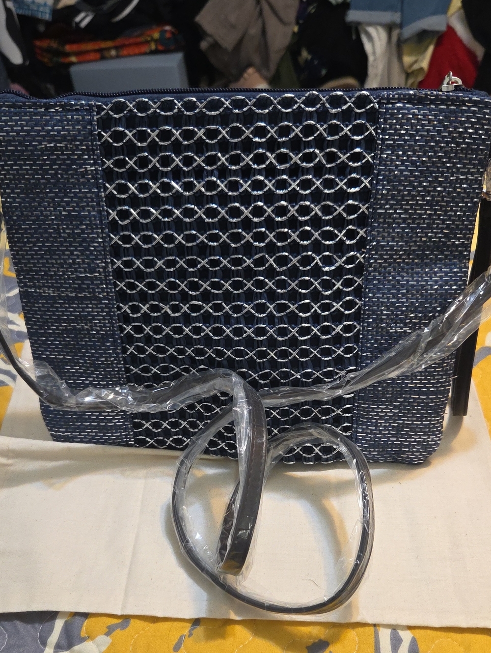 Woven Navy Crossbody Bag with Chain-Pattern Panel